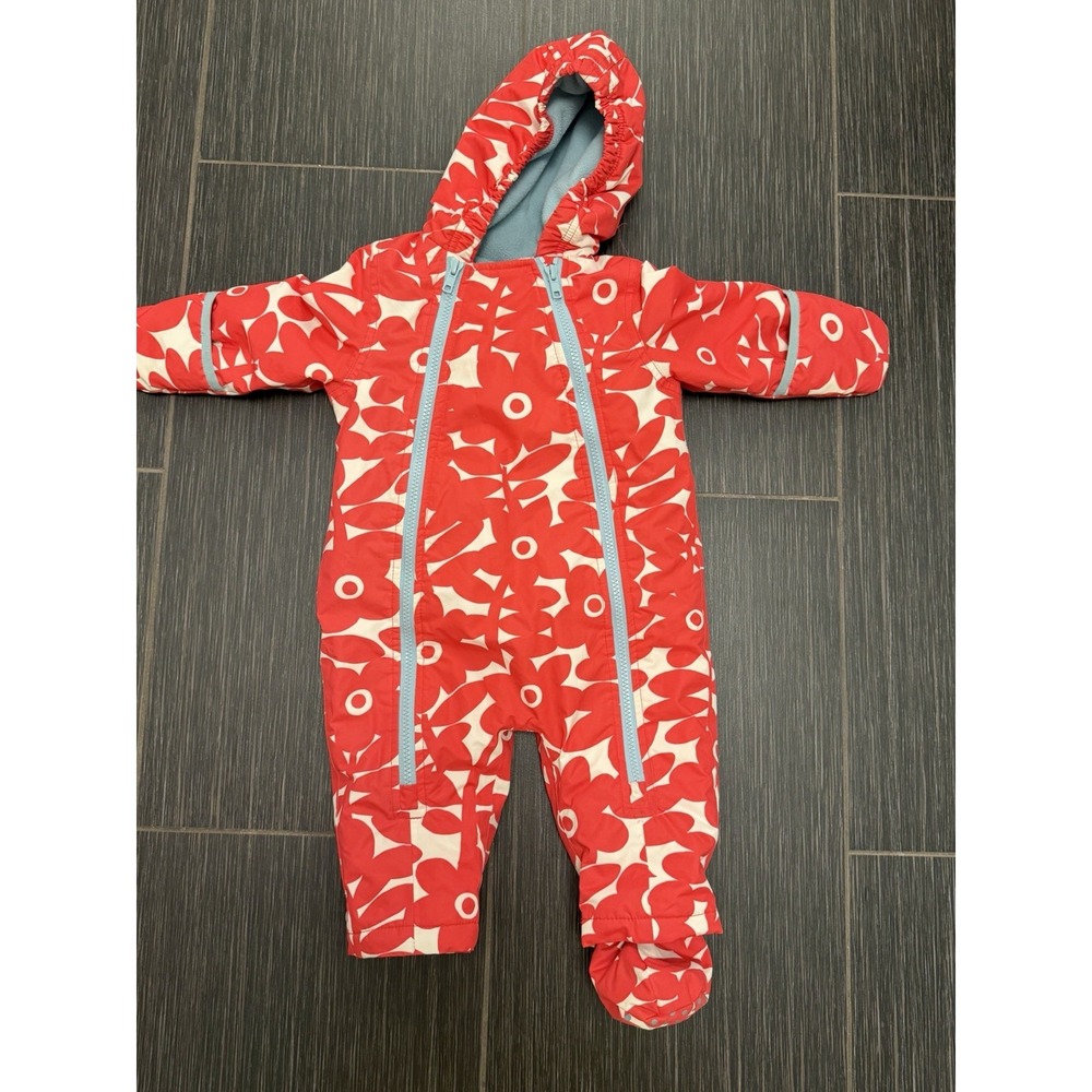 Baby Boden Bunting Snow Suit 6-12 Months Red Floral Fleece Lined Hooded Zip Up